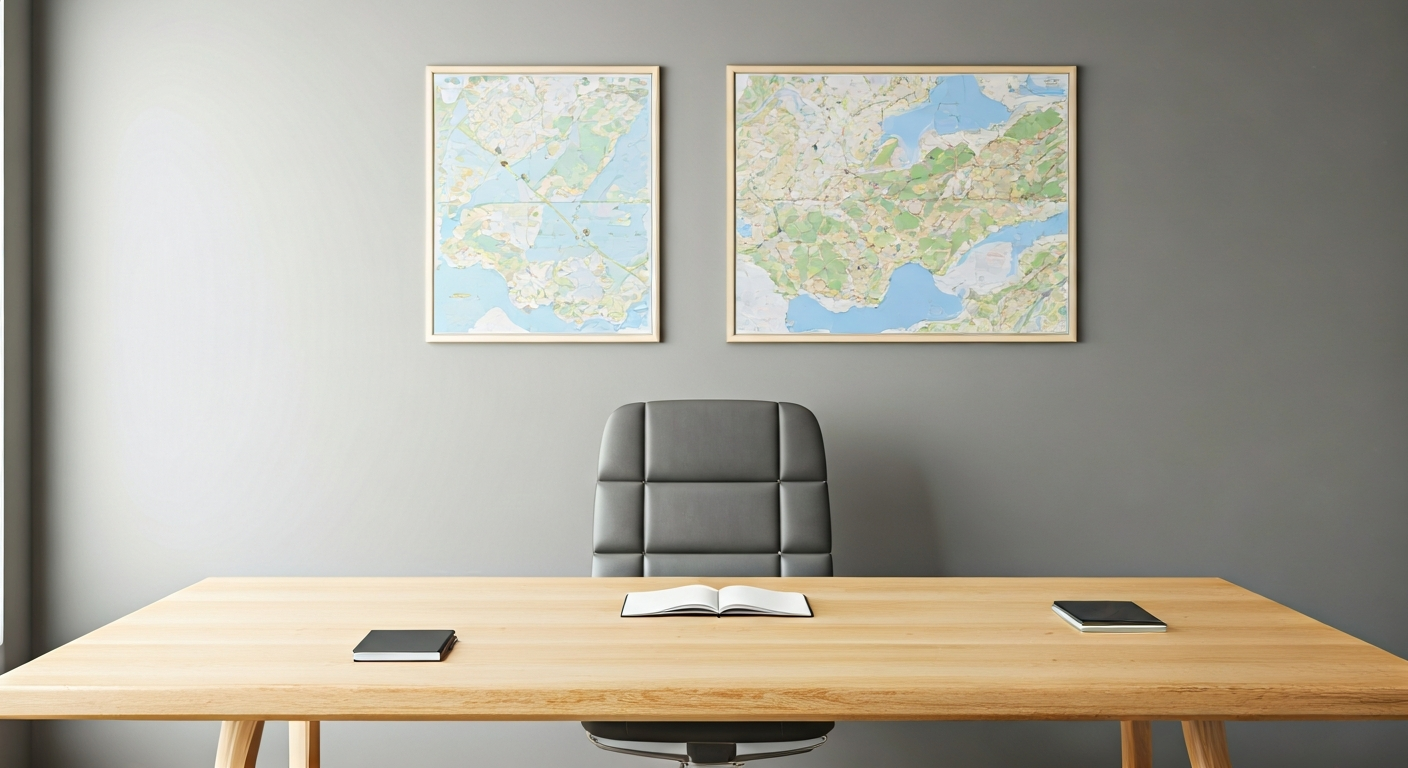 Interior of a modern consultation office with Slovak landscape maps on wall, wooden table and notebooks, calm light, representing professional tourism advisory environment