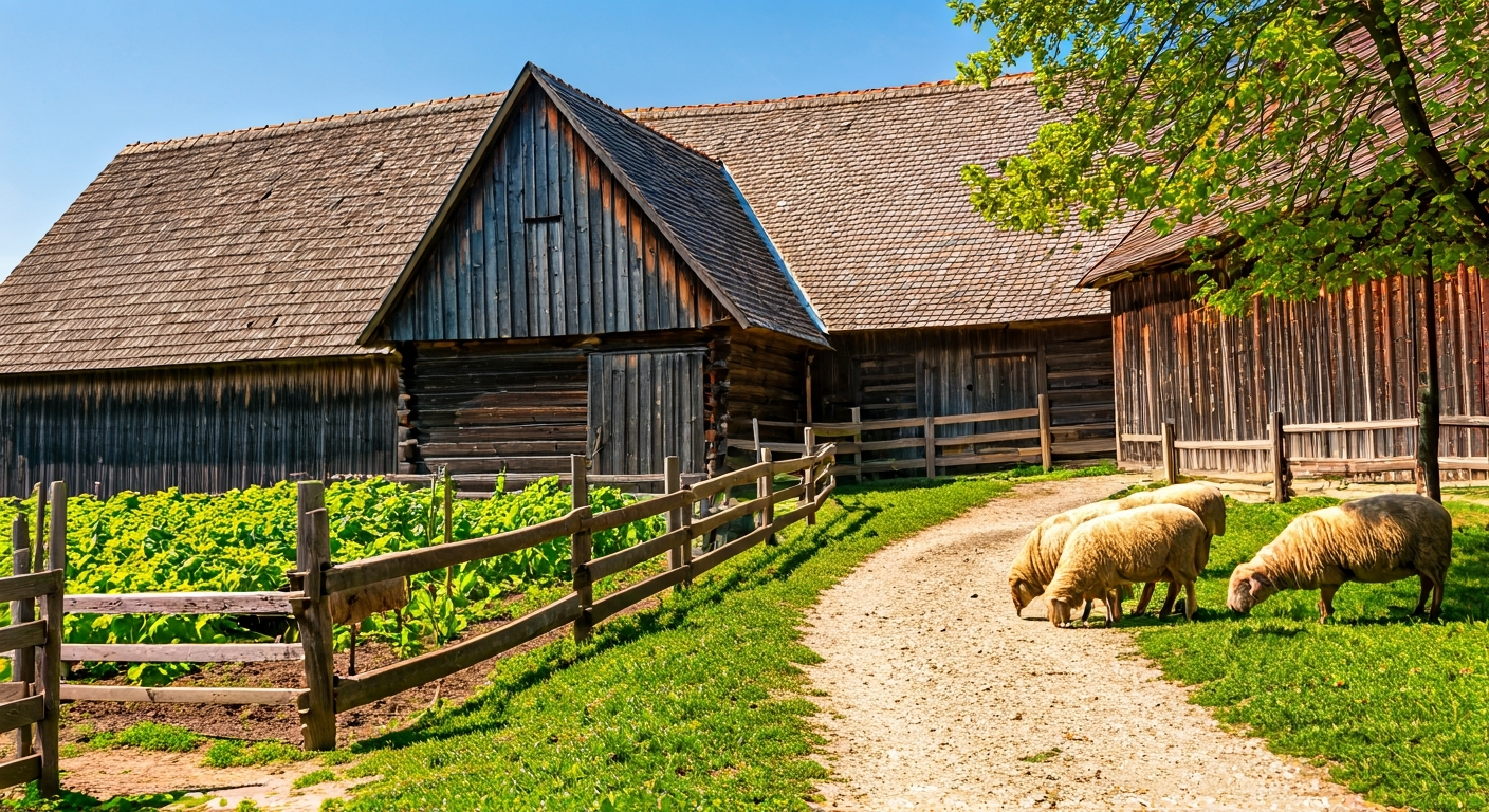 Traditional Slovak farm with wooden barn, grazing sheep and seasonal garden, sunny day in rural landscape, representing agrotourism offer and authentic countryside experience