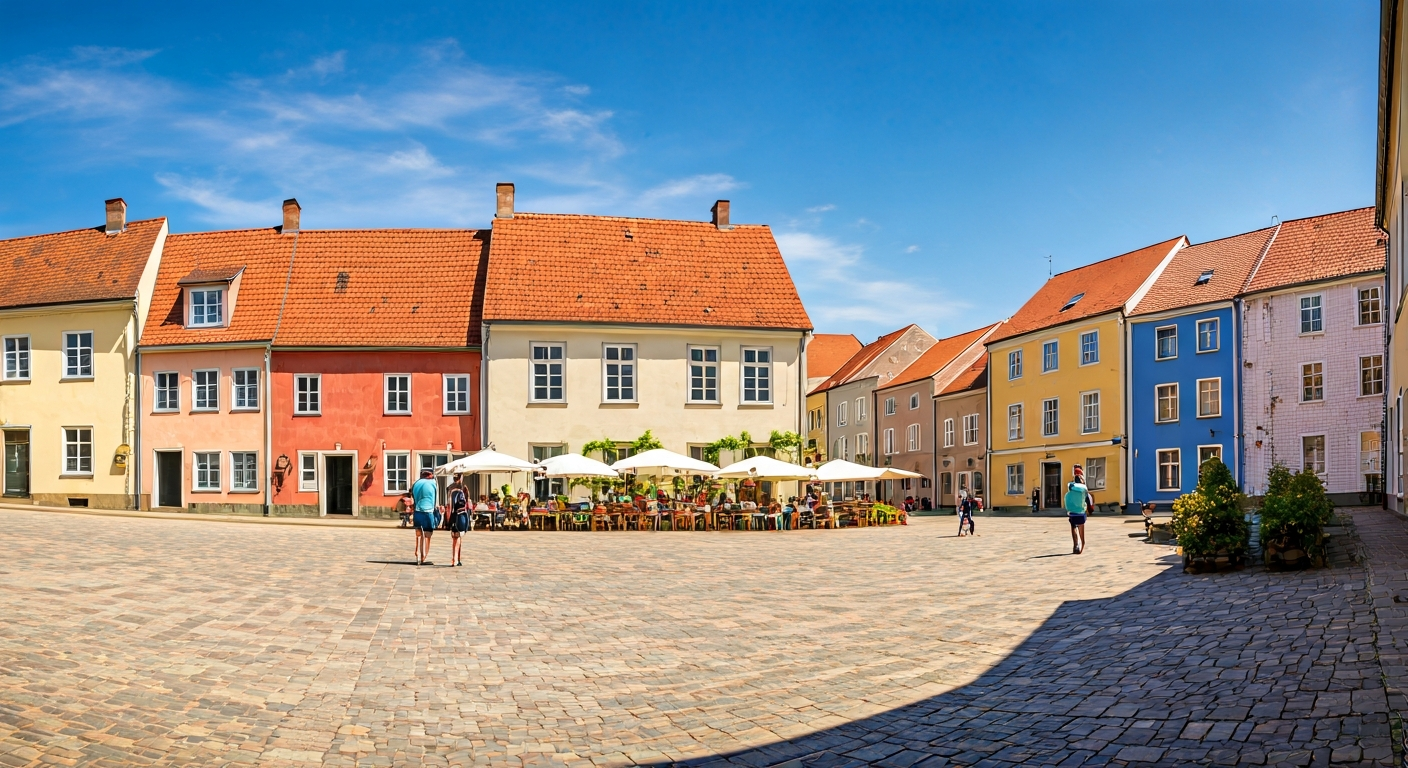 Historic town square with colorful houses, small outdoor market and visitors enjoying cultural attractions, highlighting local tourism assets and community-led experiences