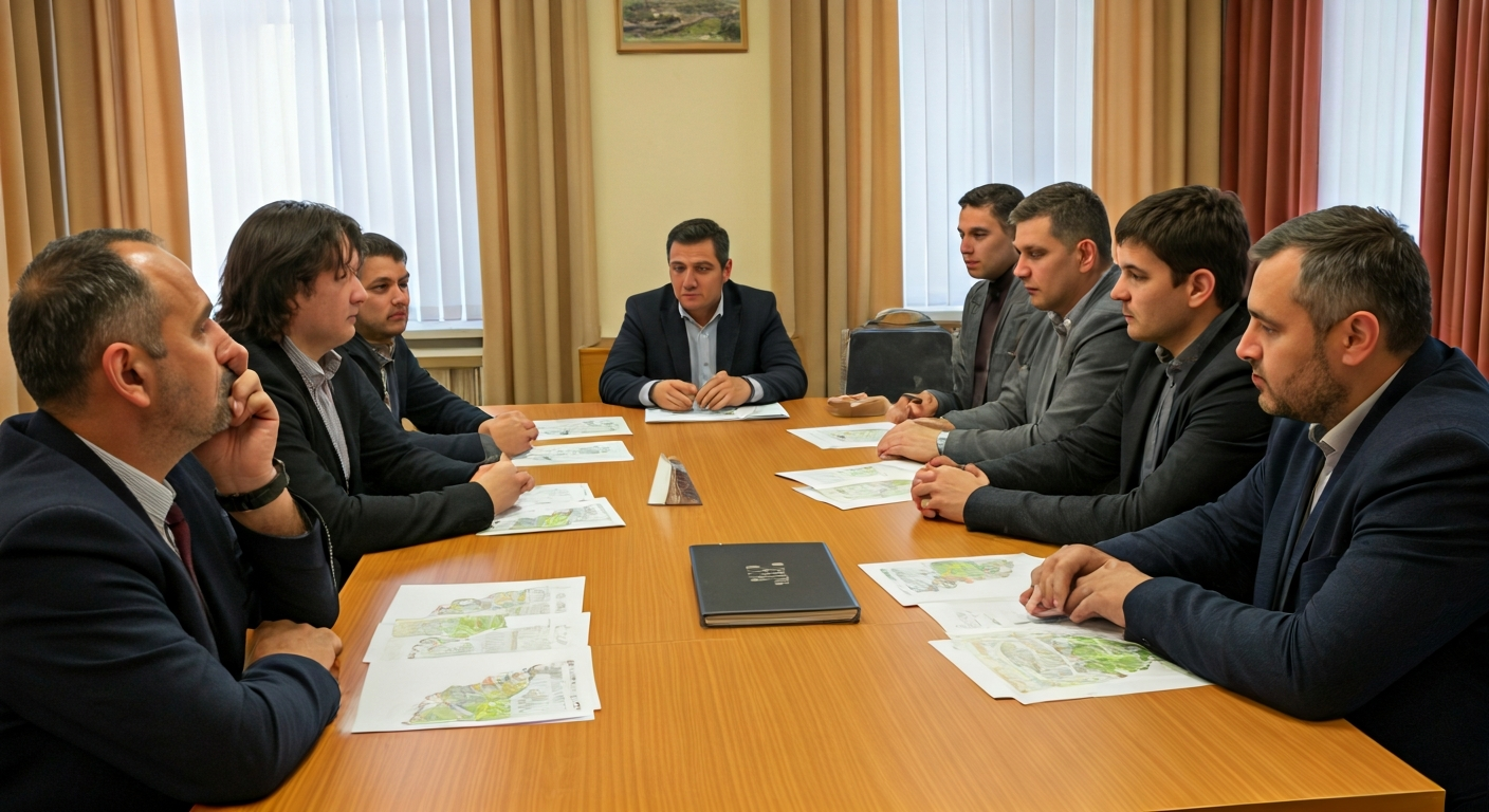 Community meeting in village hall with local entrepreneurs and municipality representatives, papers and maps on table, demonstrating collaboration for regional tourism projects