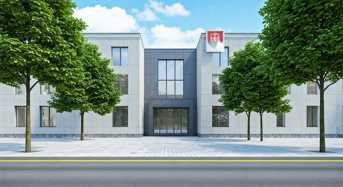 Exterior of a modern office building in Bratislava with clear signage, trees and pedestrian walkway, representing professional contact location for tourism consultancy