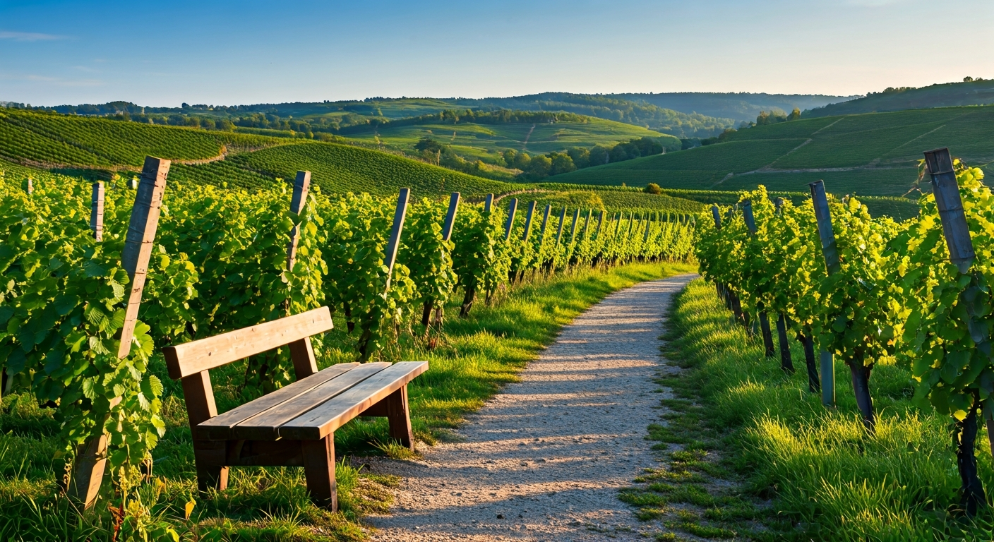 View of vineyard hills with walking path and wooden benches, late afternoon light, showing rural tourism setting and potential for slow travel experiences