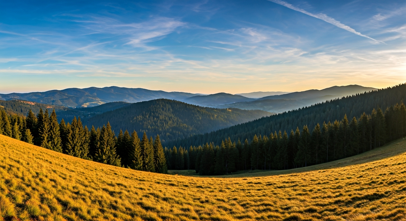 Wide panoramic view of Slovak mountains with forest valleys and a small village, morning light, clear sky, showcasing inspiring landscape for tourism promotion and destination storytelling