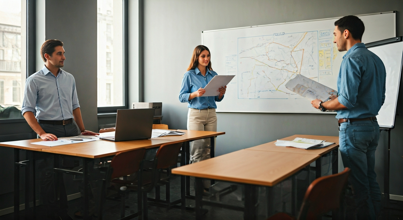 Modern classroom with tourism professionals reviewing maps and laptop data, whiteboard with route planning, illustrating structured training and practical course environment