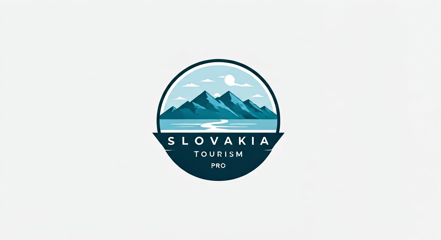 Simple circular logo with mountain silhouette and river line, clean typography Slovakia Tourism Pro, minimal shapes for easy reproduction and clear business identity