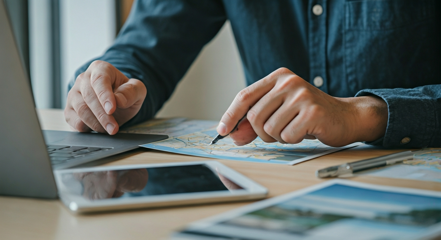 Tourism planners working with maps, printed guides and tablet, discussing destination branding, clear workspace with visual materials, showing focused strategy development