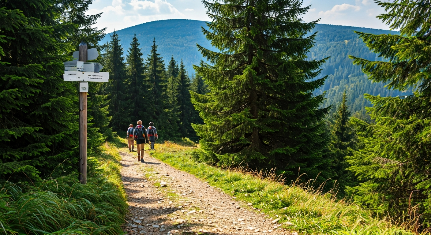 Group of travelers walking along a marked trail in Slovak national park, wooden signposts, mixed forest and mountain horizon, illustrating regional tourism routes and visitor orientation