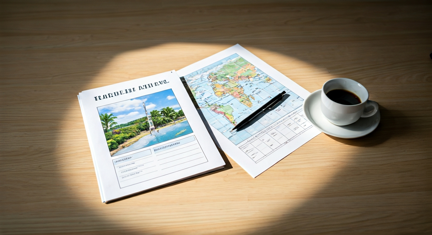 Open workspace with tourism planning documents, notebook, maps and coffee, bright daylight, representing professional service development and consulting atmosphere