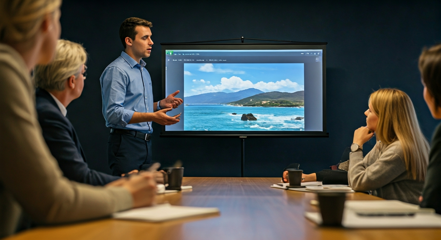 Trainer presenting on screen to small group of tourism operators, notebooks and coffee on tables, illustrating practical educational sessions and knowledge sharing