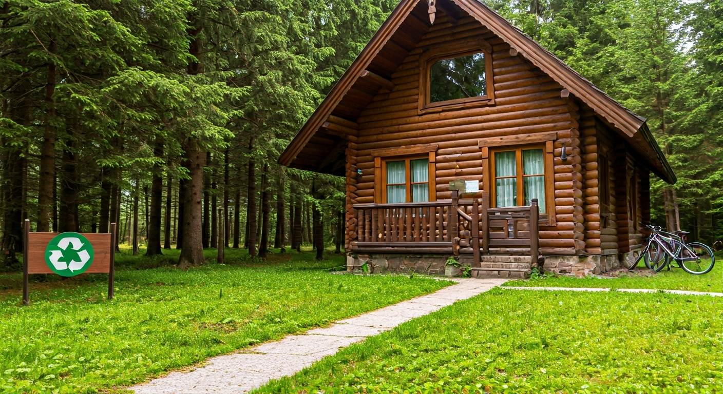 Eco-friendly wooden lodge near forest, recycling signage and bicycles nearby, representing sustainable tourism practices and low-impact travel facilities in Slovakia